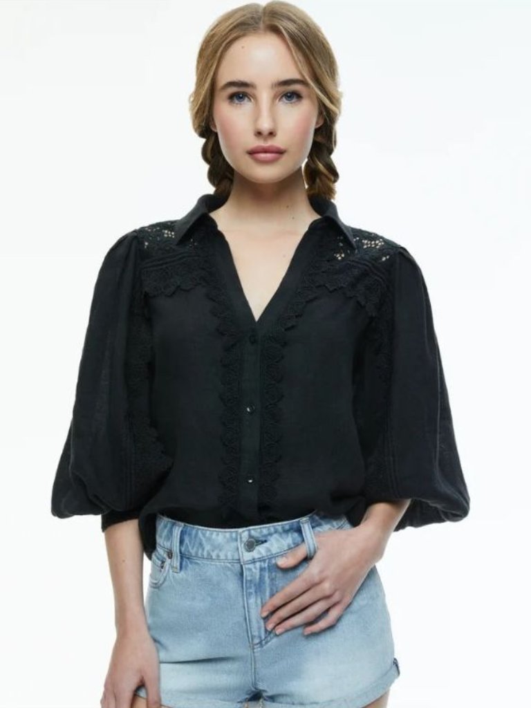 Alice + Olivia Venty Black Linen Blouse Small